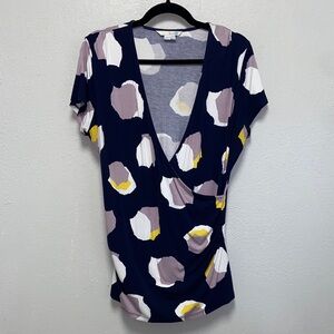 Boden Plus Size Navy Yellow White Abstract Ruched Jersey Faux Wrap Top  3658